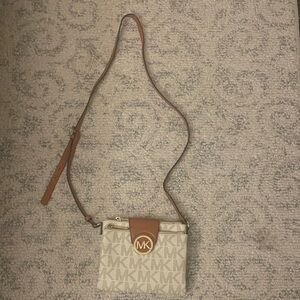 Michael Kors Beige Logo Crossbody with Tan Leather Trim